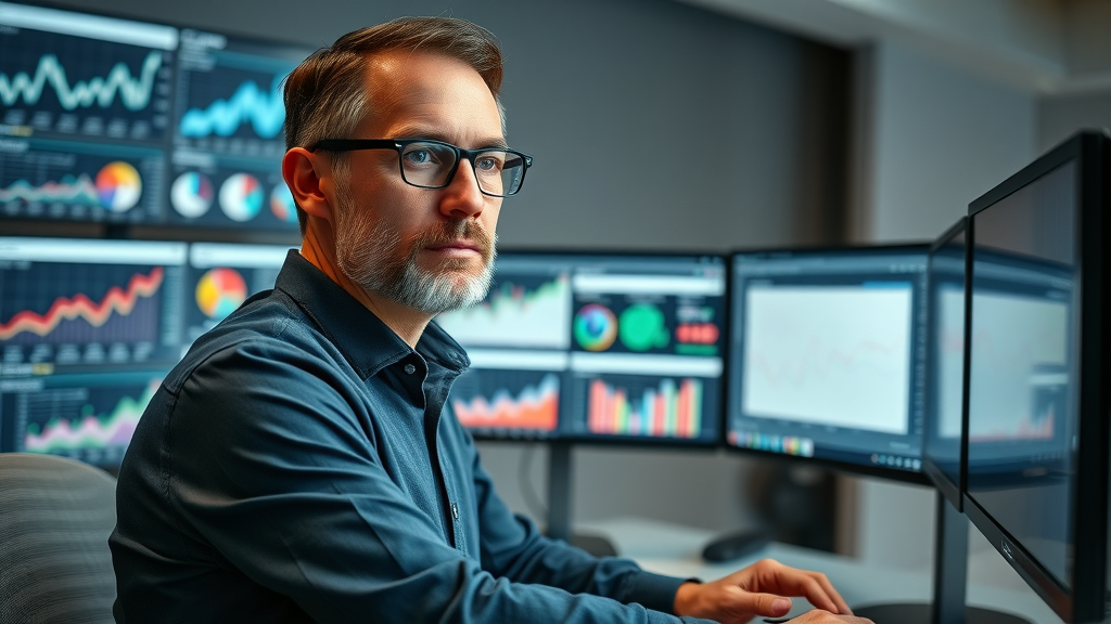 Seasoned data analyst reviewing video marketing metrics on multiple monitors, analytics lab with charts and heatmaps