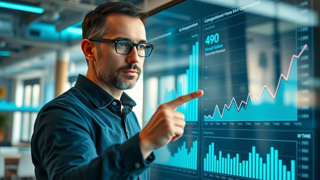marketer examining campaign management metrics and key KPIs on digital board
