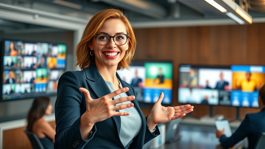 Dynamic businesswoman presenting digital media strategy, boardroom with video campaigns on digital screens, vibrant branding
