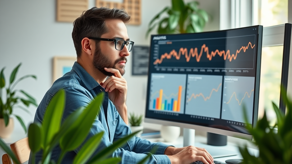 optimizing video marketing analytics - digital marketer reviewing dashboard with video trendlines in bright, plant-filled home office