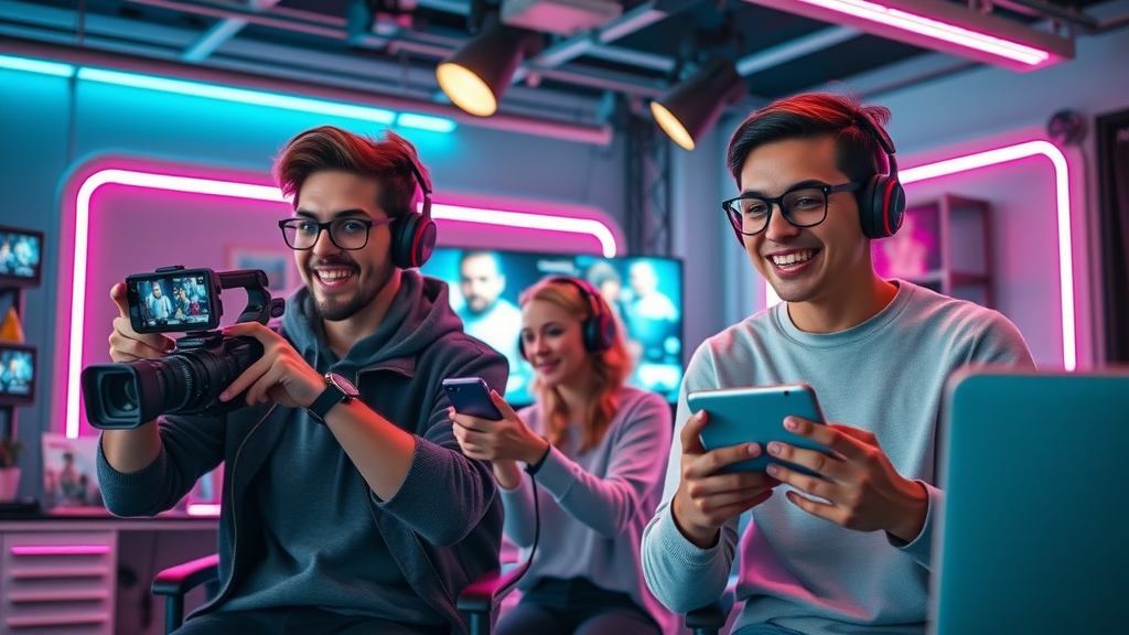 Young content creators using AI tools to film short-form videos in a creative studio, generative AI in social media content creation, social media trends