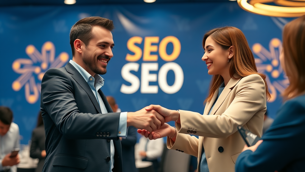 collaborative professionals networking and exchanging tips on backlink strategies to boost organic search rankings in a high-end conference setting
