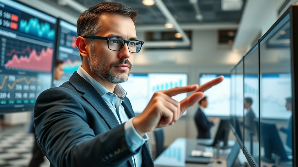 dynamic business executive analyzing social media analytics, focused expression, pointing at charts on digital display, modern office with large screen monitors showing graphs and network stats, professional tones