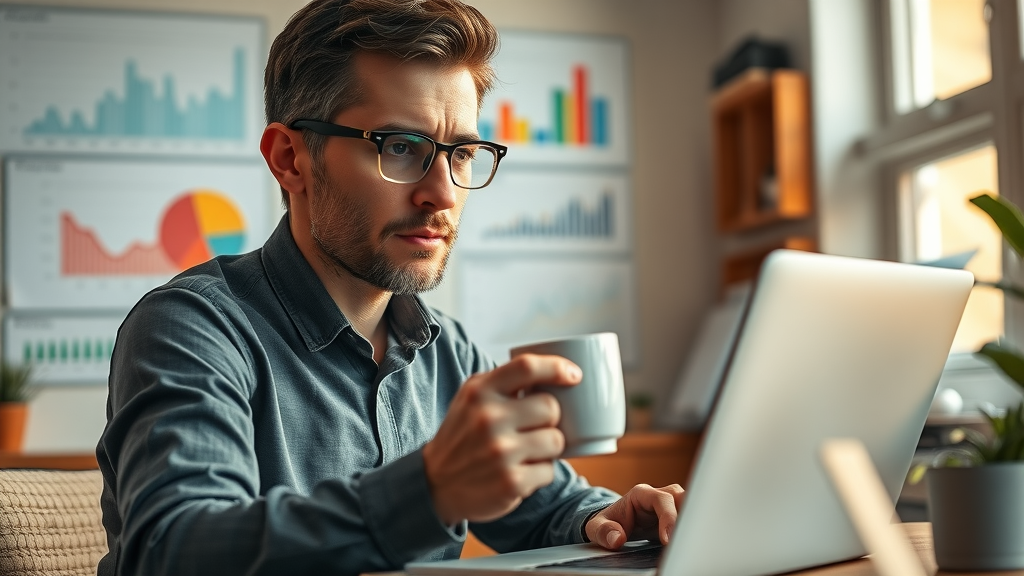 insightful SEO expert conducting keyword research for seo strategies with charts and laptop