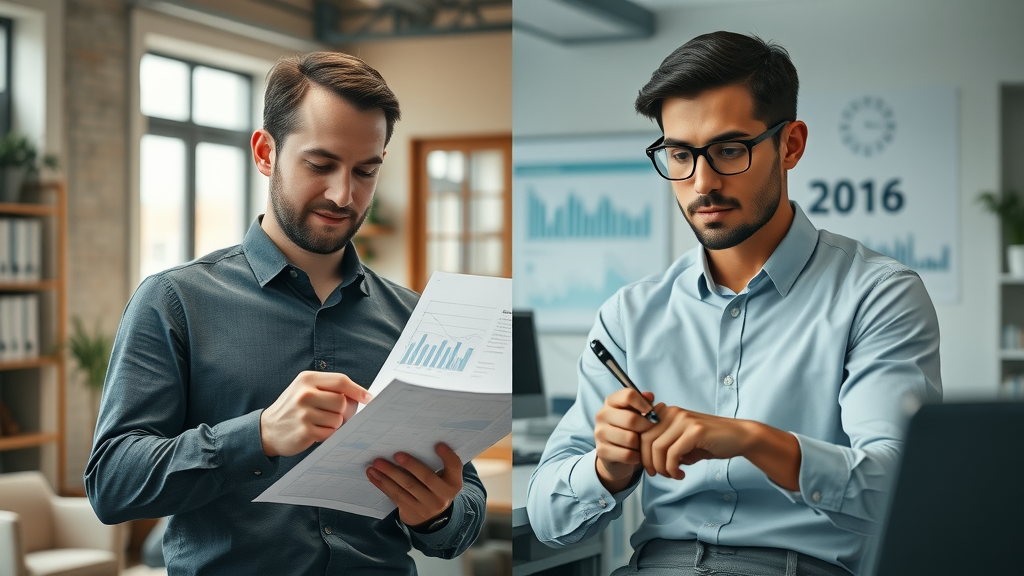 automated marketing campaigns split scene classic vs modern marketer, AI dashboard and paper charts