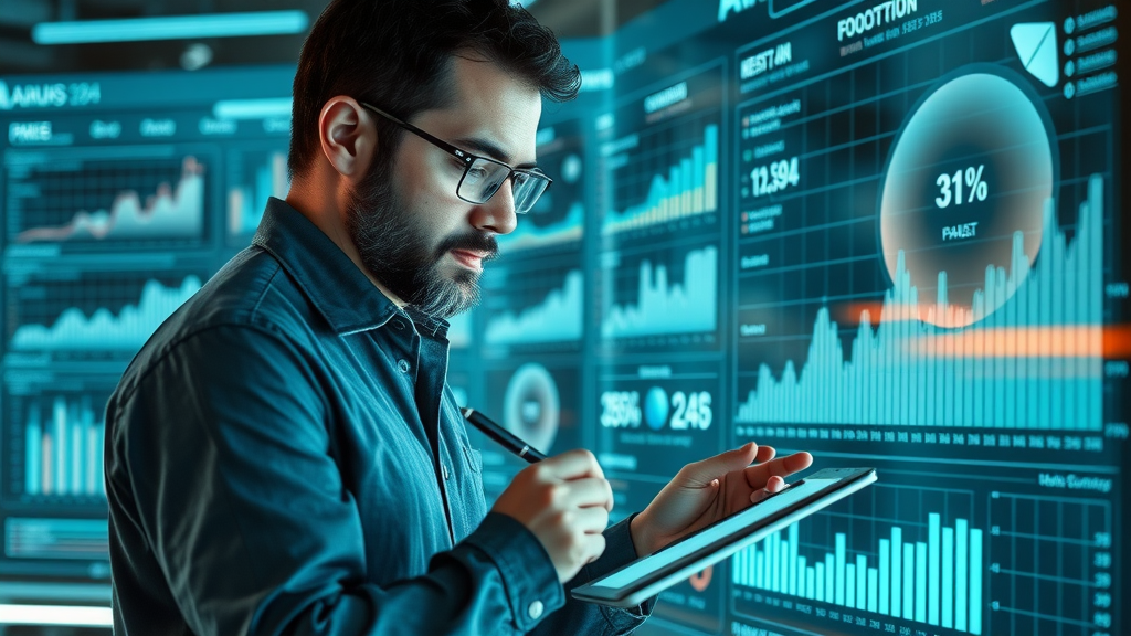 Analyst reviewing a high-detail social media analytics dashboard, content plan optimization, insights for media content