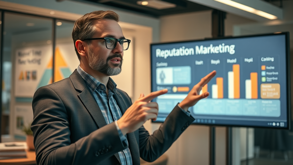 reputation marketing strategies marketing strategist explaining reputation marketing diagram modern office