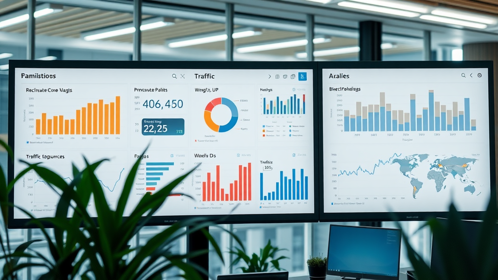 Informative dashboard display with KPIs—conversion rates, traffic sources—large computer screens in a tech office, intricate widgets, pastel color palette, 50mm lens. Faces, limbs, hands, and fingers positioned naturally. No text.