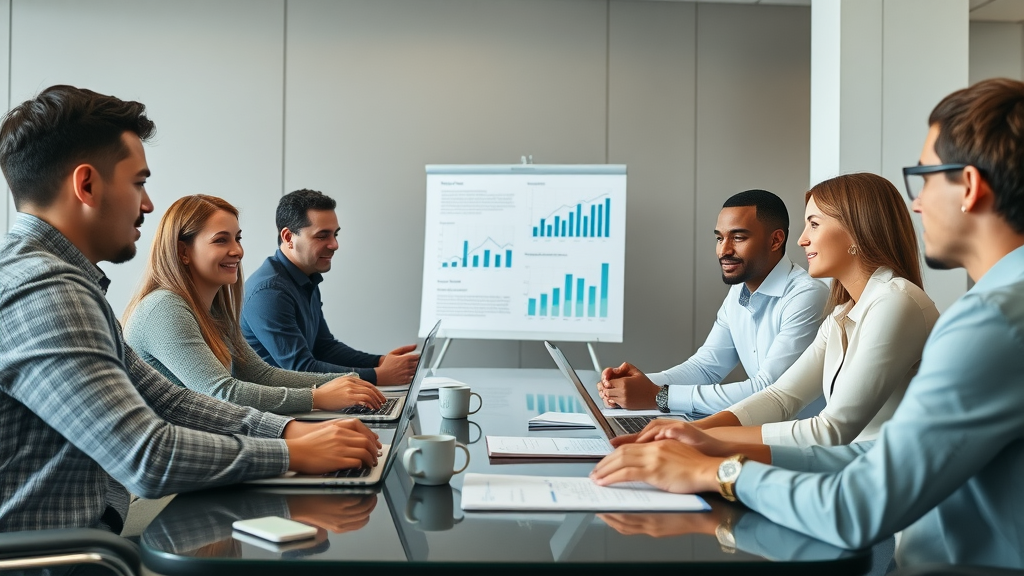 Marketing team collaborating on influencer marketing strategy in a modern office
