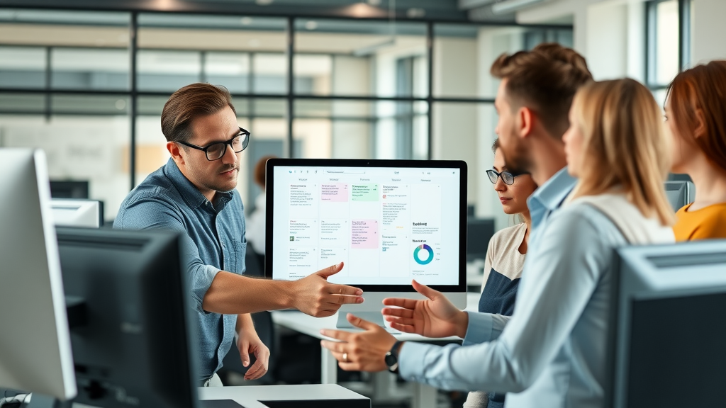 content scheduling professionals collaborating around a digital content calendar in a modern workspace