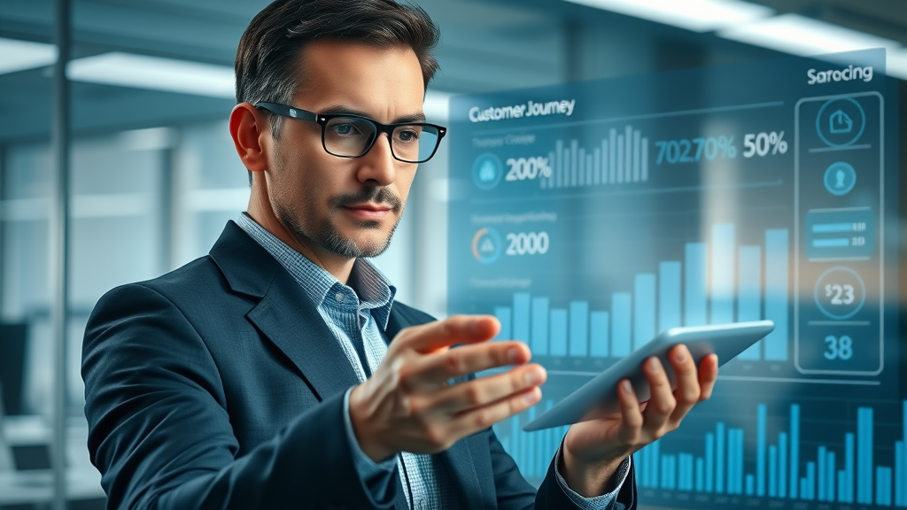 Abstract digital dashboard for lead scoring techniques showing customer journey and scoring metrics
