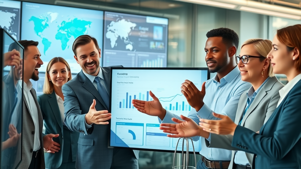 Dynamic diverse business professionals strategizing over social media ads analytics in a modern office with data dashboards