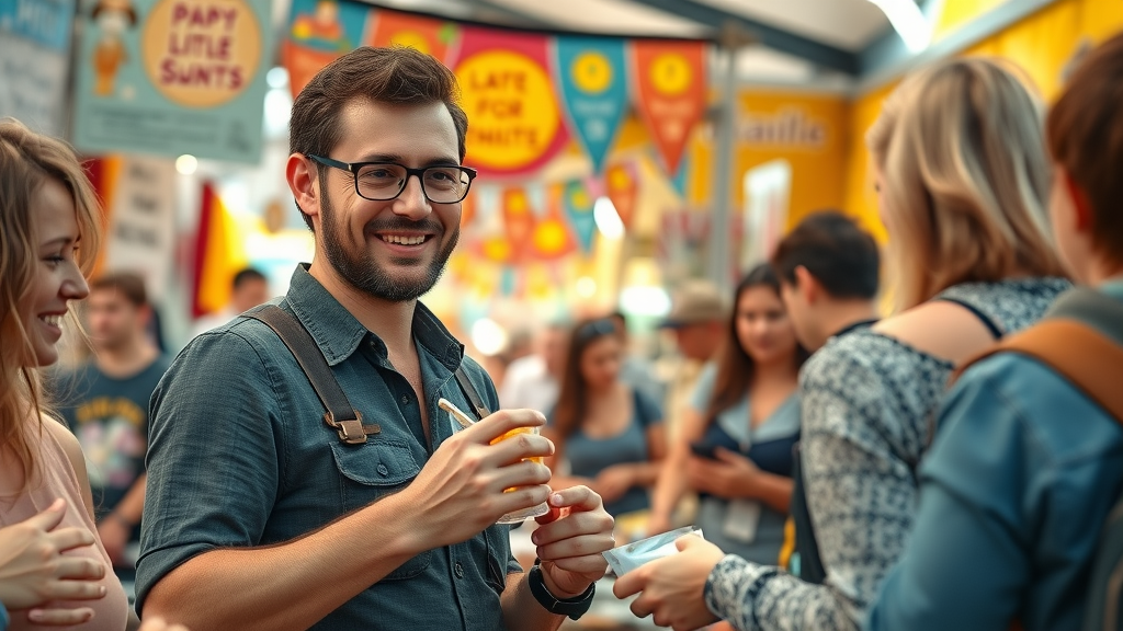 entrepreneur interacting with customers building brand awareness at lively marketplace