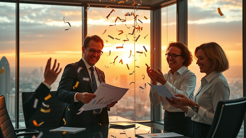 Inspirational brand leaders celebrating sales growth and successful marketing campaign results using AI marketing tools in a modern boardroom setting with city view
