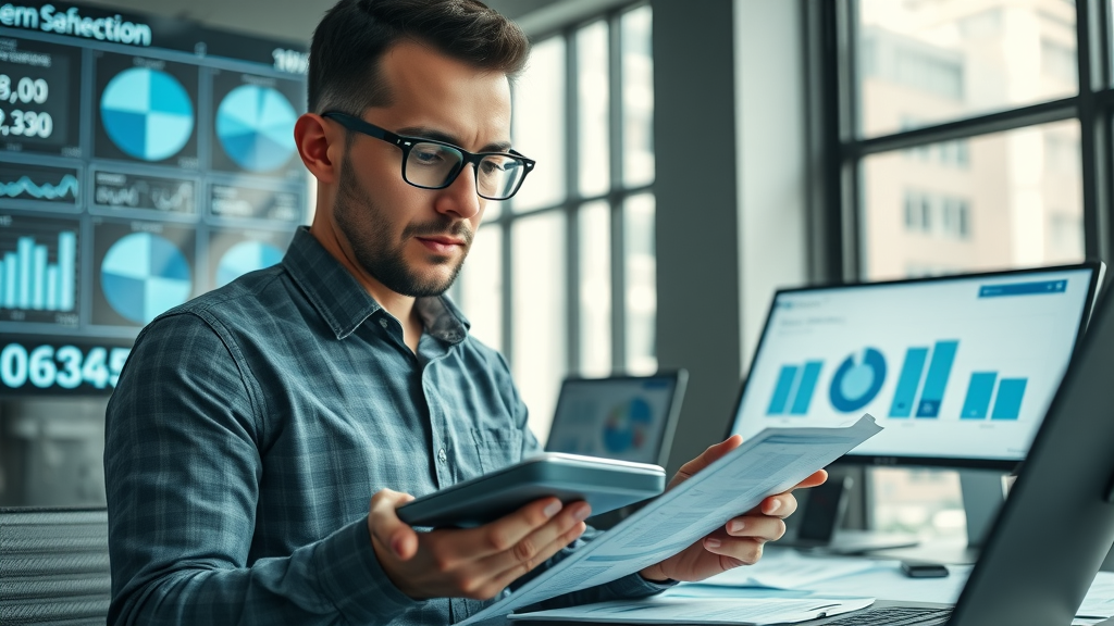 Methodical marketing analyst balancing google ads campaigns budget using calculators and digital spreadsheets