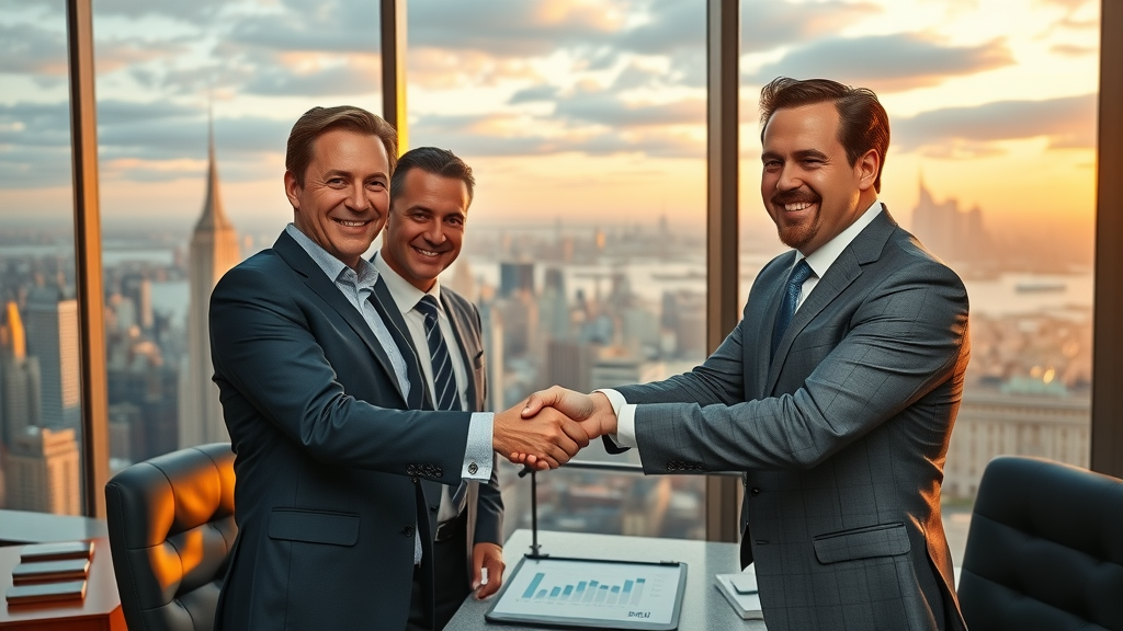 Successful business professionals celebrating high ROI using lead scoring techniques