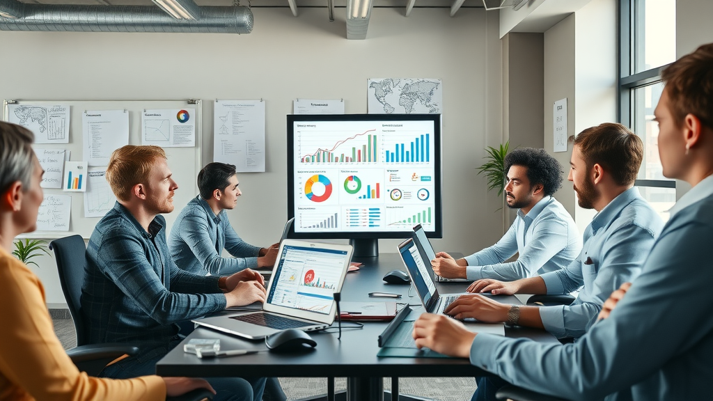 Content marketing tools in a dynamic workspace with digital marketing team collaboration, charts, and marketing dashboards.