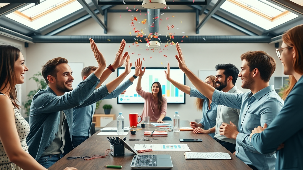 trendy marketing team celebrating successful video campaign with high video rank