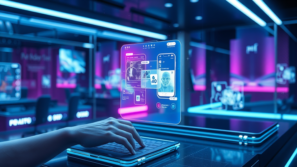 Futuristic AI interface generating creative digital ad assets for next-gen display ads