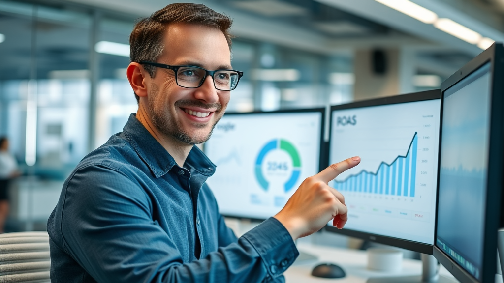 professional using Google Ads dashboard, pointing at rising ROAS graph as a result of advanced remarketing techniques