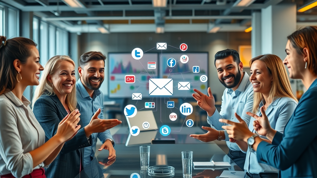 Diverse marketing team integrating social media with email campaigns for stronger email marketing lead generation