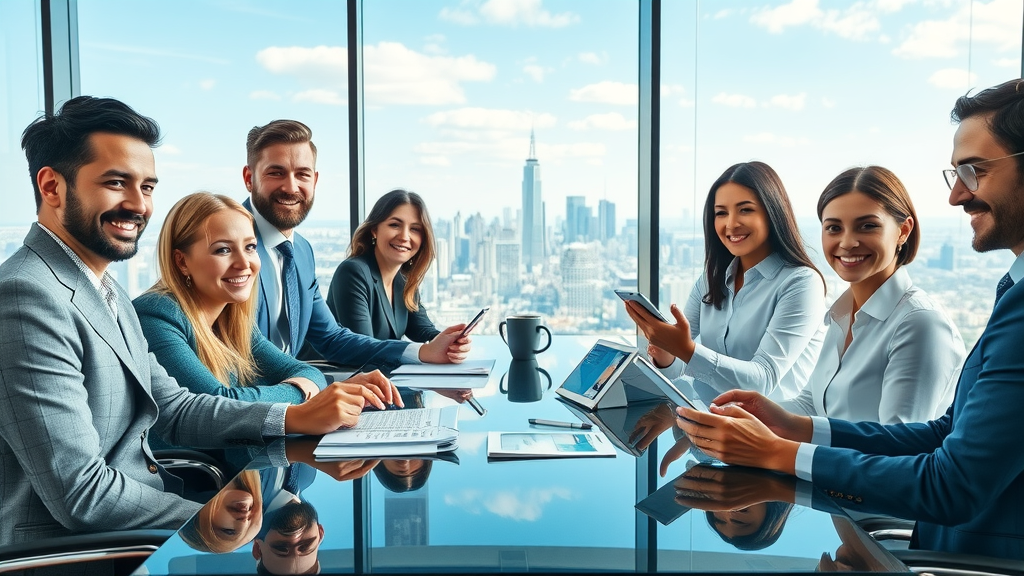 brand communication modern business team collaborating confident expressions high-tech office skyline cityscape glass table digital devices marketing materials photorealistic