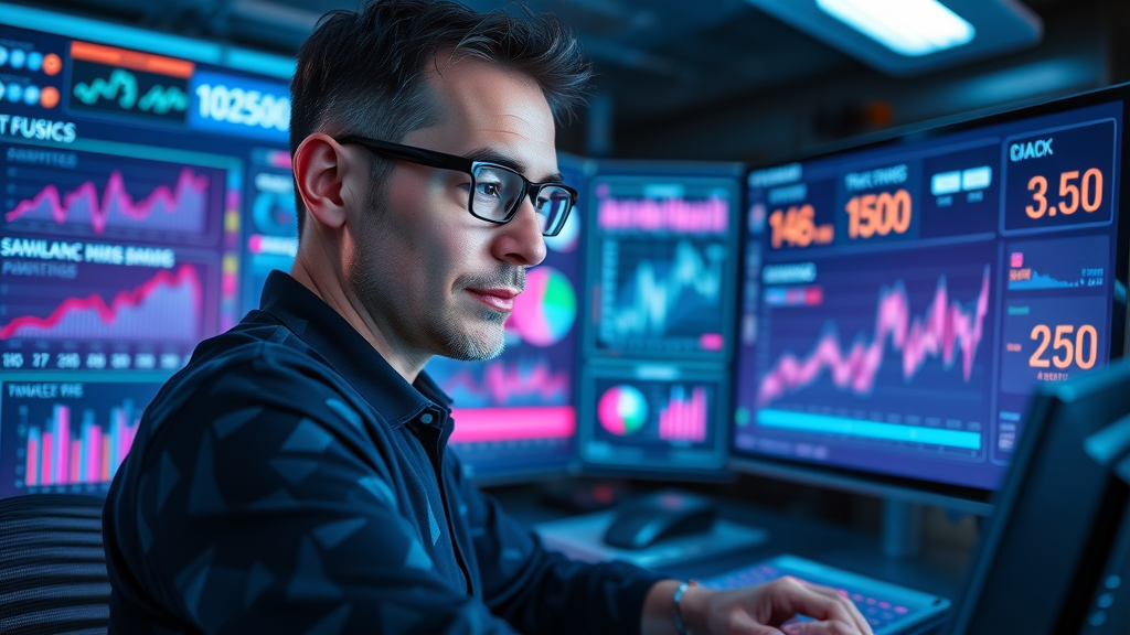 Futuristic AI-powered dashboard showing automated bidding analysis for brand campaigns, with neon data flows.