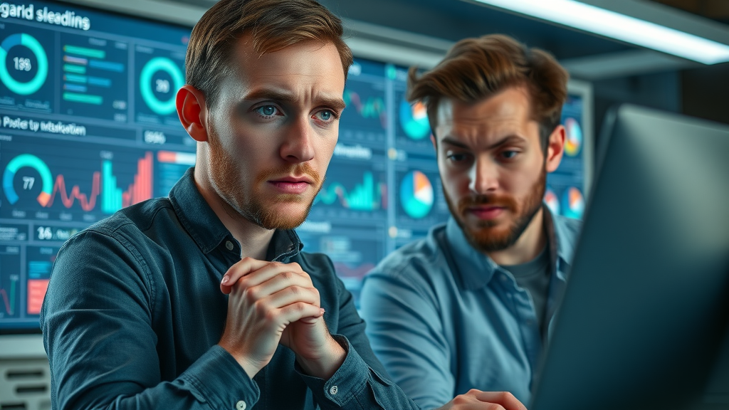 stressed web development team analyzing project delays on dashboard