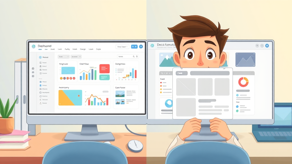 Comparative illustration of modern CMS dashboard interface contrasted with simple drag-and-drop website builder. Shows cms platform, site builder, and website builder icons.