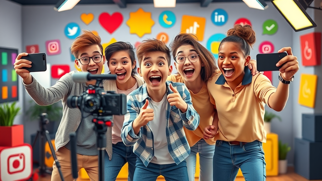 video marketing strategy - Social media influencers filming creative video content in a vibrant studio