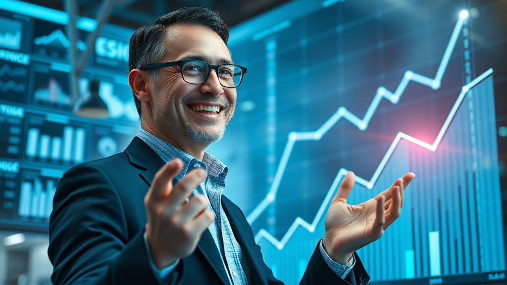 Upbeat business leader looking at digital growth graph, holographic data panels and web traffic lines rise towards the sky, futuristic sci-fi style, electric blue highlights, 28mm lens. Faces, limbs, hands, and fingers positioned naturally. No text.