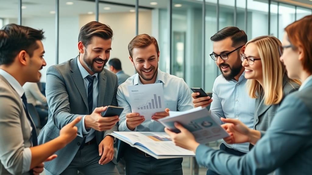 Marketing team analyzing marketing automation ROI on digital devices in a dynamic business meeting, modern glass office, ROI of marketing automation