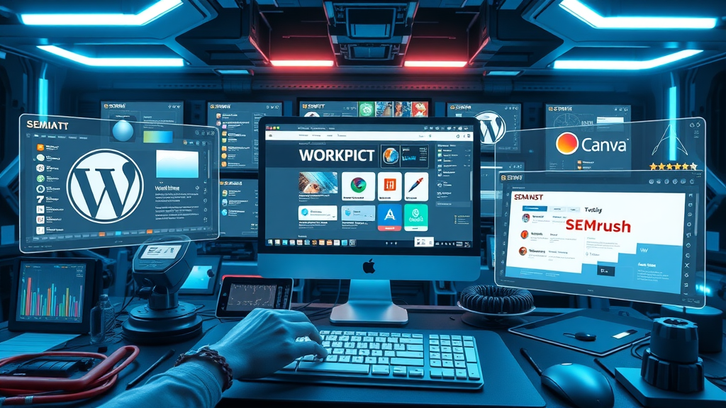 digital content creation toolkit with WordPress, Canva, SEMrush tools for content creators