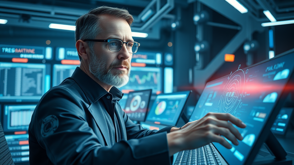 Visionary leader overseeing AI-powered CRM integrations with cybernetic consoles and animated digital data