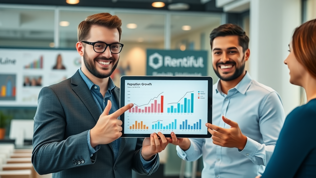 business team presenting reputation marketing growth metrics and online presence