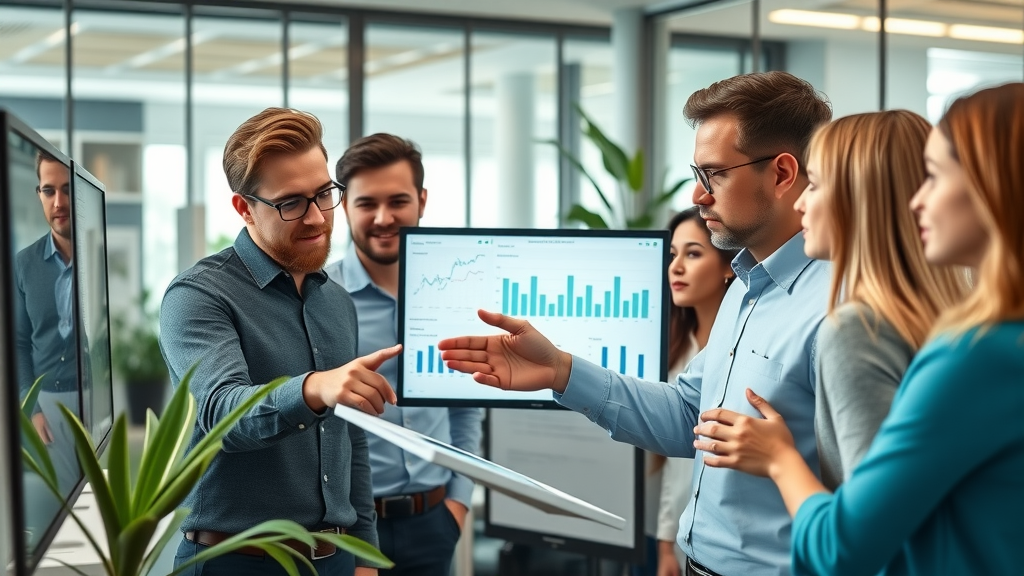 Marketing team analyzing data to improve email click-through rates in modern office