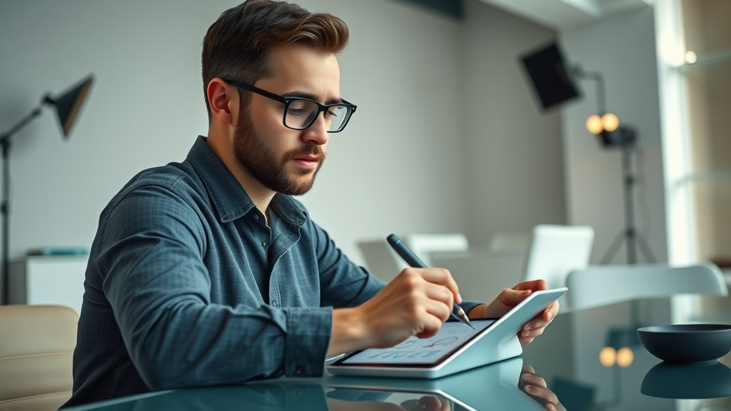 content marketing professional sketching strategy on digital tablet