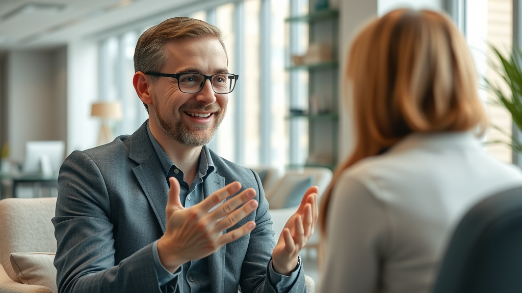 Friendly professional interviewing a satisfied customer for a testimonial video in a cozy, modern office
