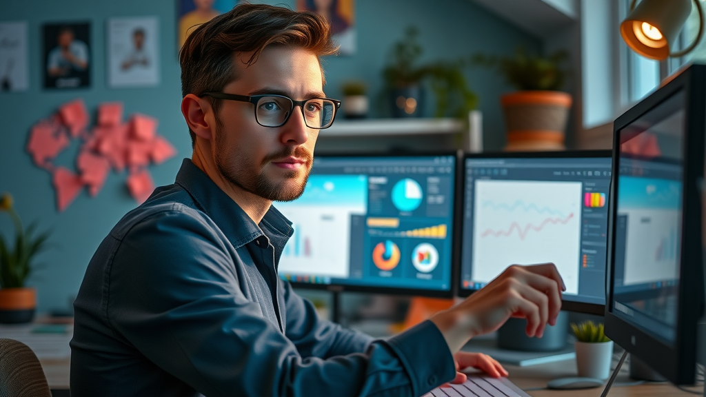 ambitious content marketer reviewing digital tool portfolio on dual-screen setup