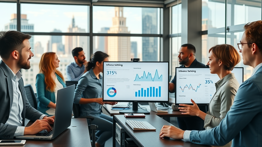 Diverse marketing agency team analyzing influencer marketing statistics with panoramic cityscape