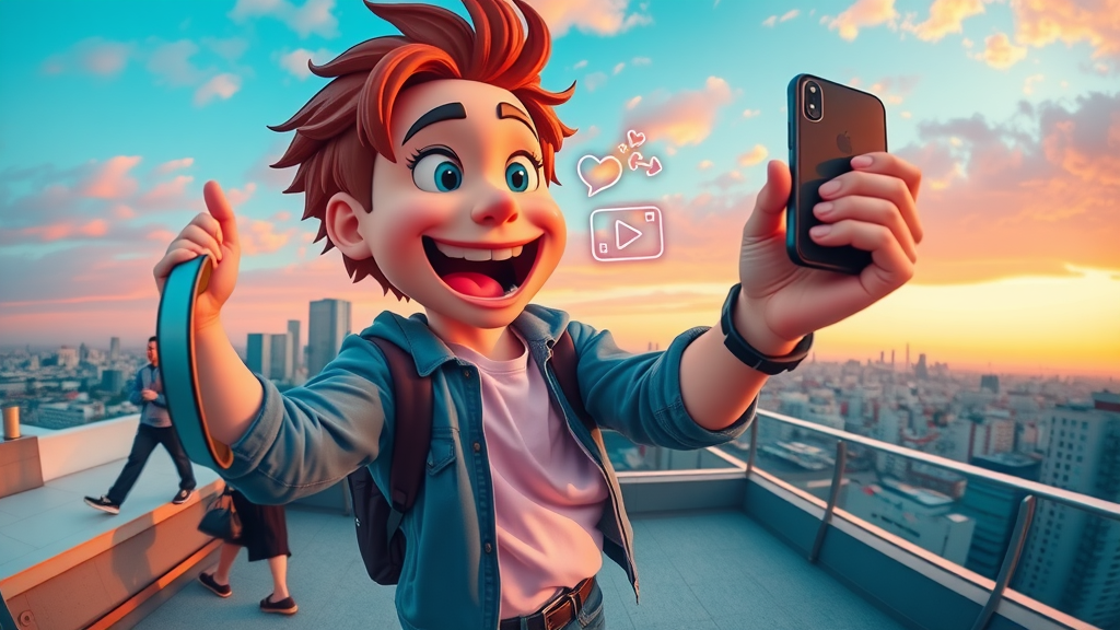 Vibrant influencer recording a viral short-form video for TikTok on an urban rooftop, trendy style and streaming icons