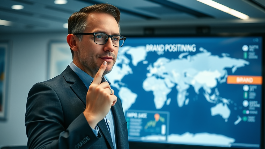 confident brand strategist presenting brand positioning map on digital screen, brand positioning, brand messaging