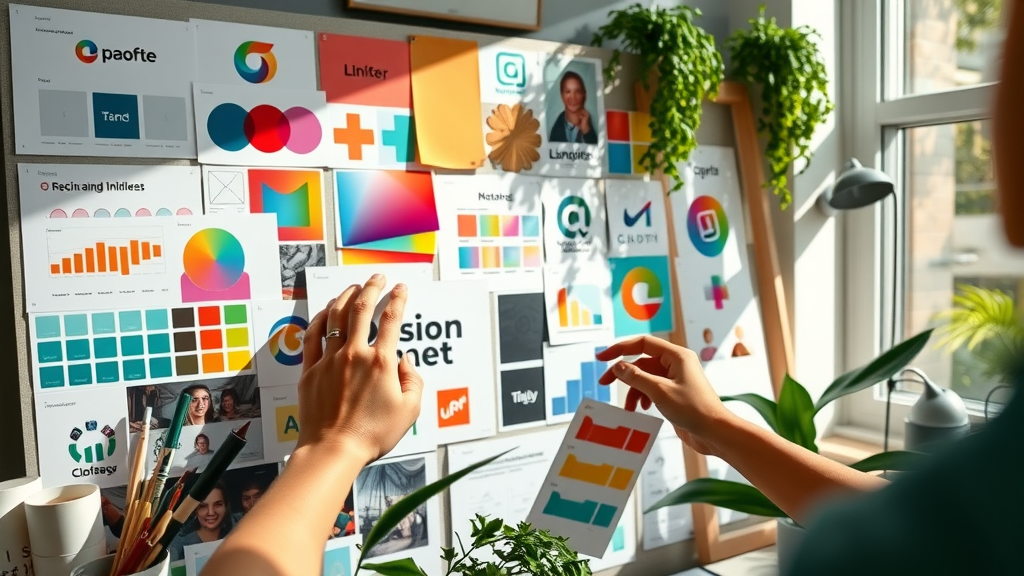Brand identity mood board with logo drafts, color swatches, and brand icons – visual identity