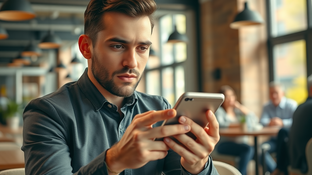 entrepreneur reviewing online reputation score via smartphone