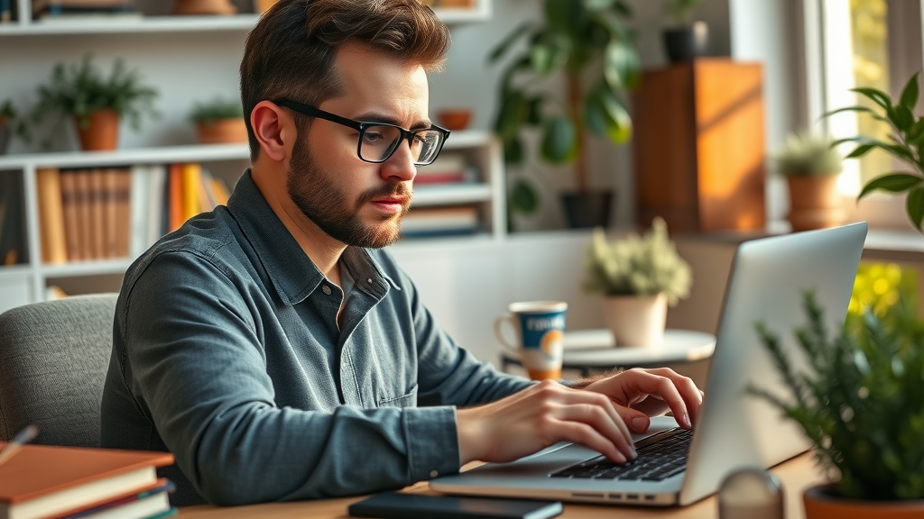 content writer creating a blog post in a cozy home office