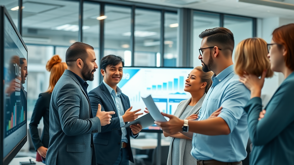 Professional marketing agency team analyzing paid vs organic traffic website analytics, modern workspace, digital marketing strategy discussions