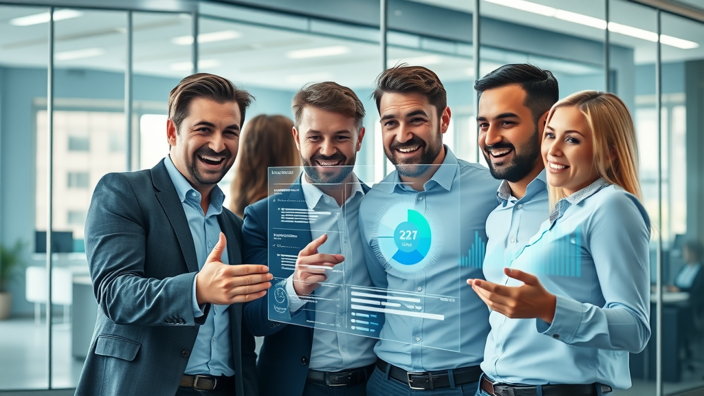 ai marketing team reviewing data analytics on digital dashboard in a modern office, showing benefits of artificial intelligence in marketing strategy