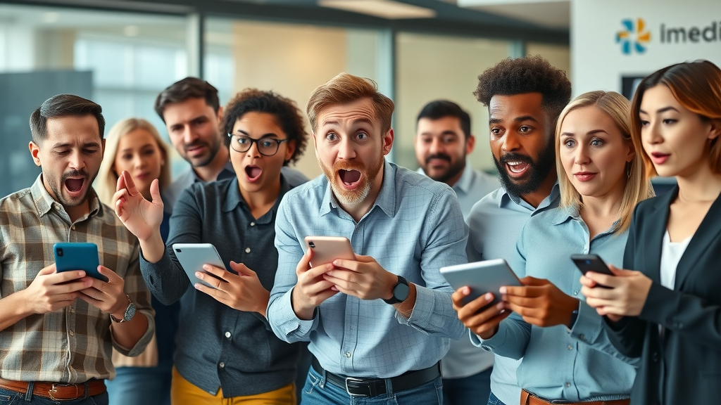 Startled group of diverse consumers reacting to brand messaging, brand tone impact in a corporate office