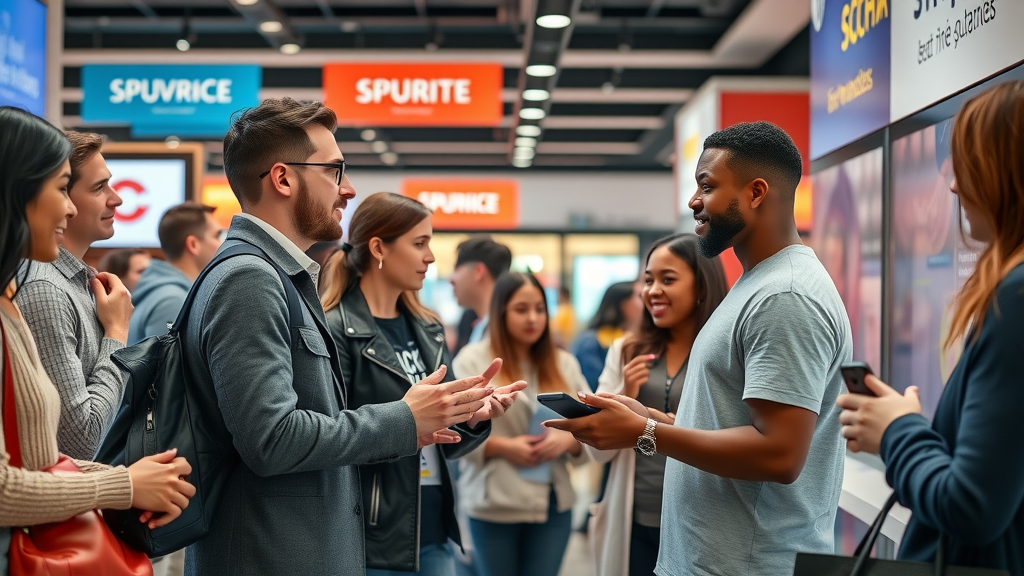 diverse group of customers interacting with brand display, developing emotional connection with target audience