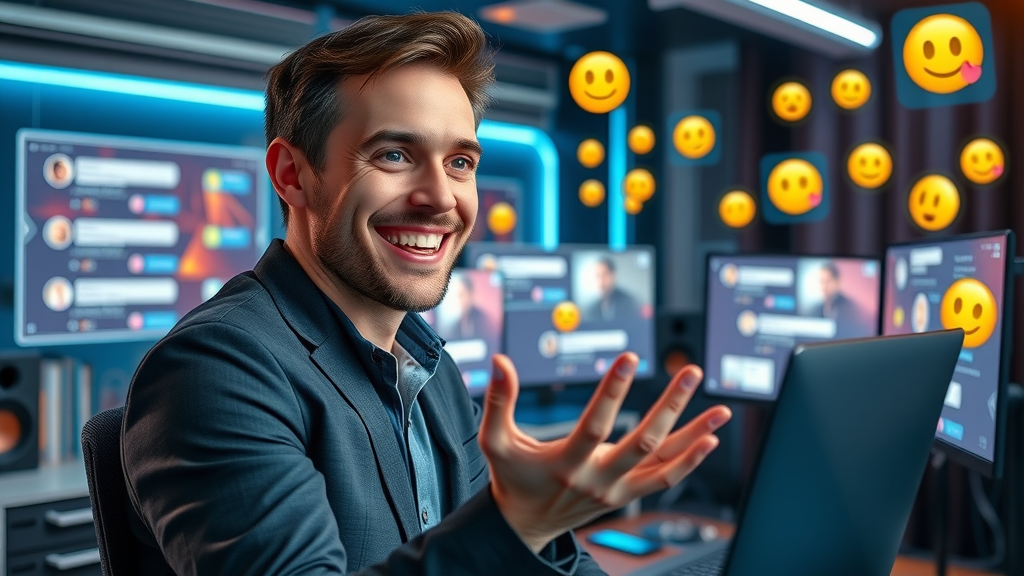 live streaming video ads - charismatic host engaging with audience live from a home studio with high-tech visuals